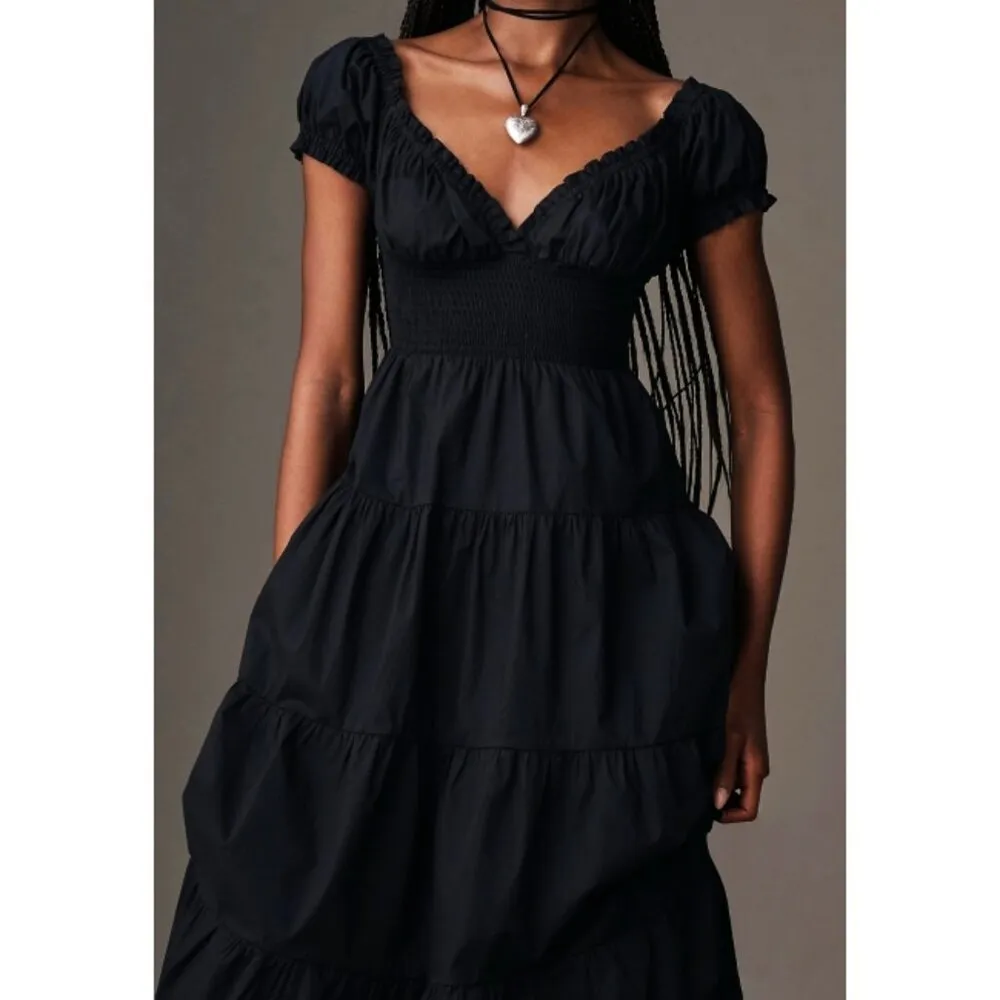 NEW We Wore What Poplin Midi Dress Smocked V-Neck Milkmaid Fit & Flare Maxi Long - Image 3