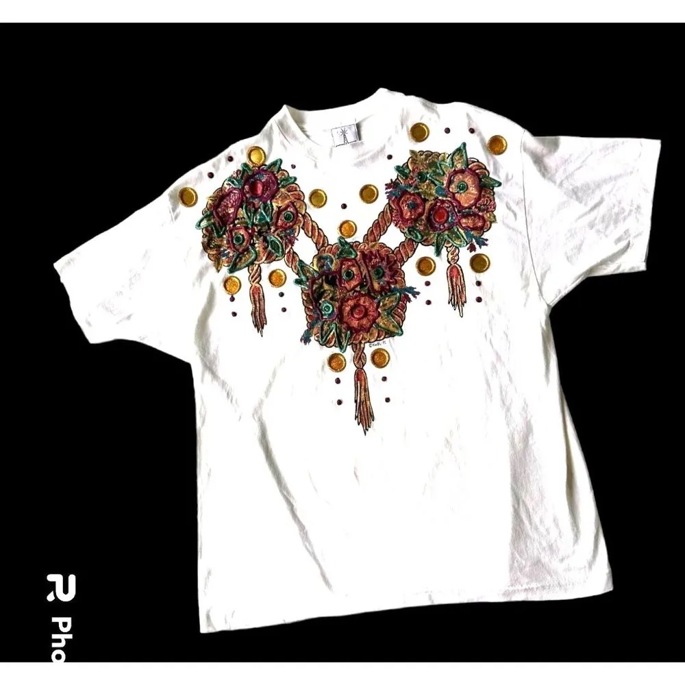 Vintage KWBL Los Angeles 1991 Tee Top One Size T Shirt Tribal Glitter A… - Image 6