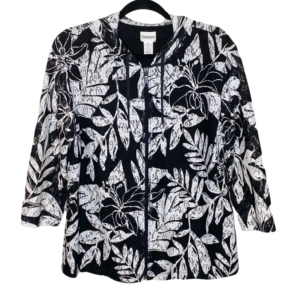 new Chico’s ☯︎︎ Leaf Print Lace Zip Hoodie Jacket ☯︎︎ Black + White ☯︎︎ Medium - Image 14