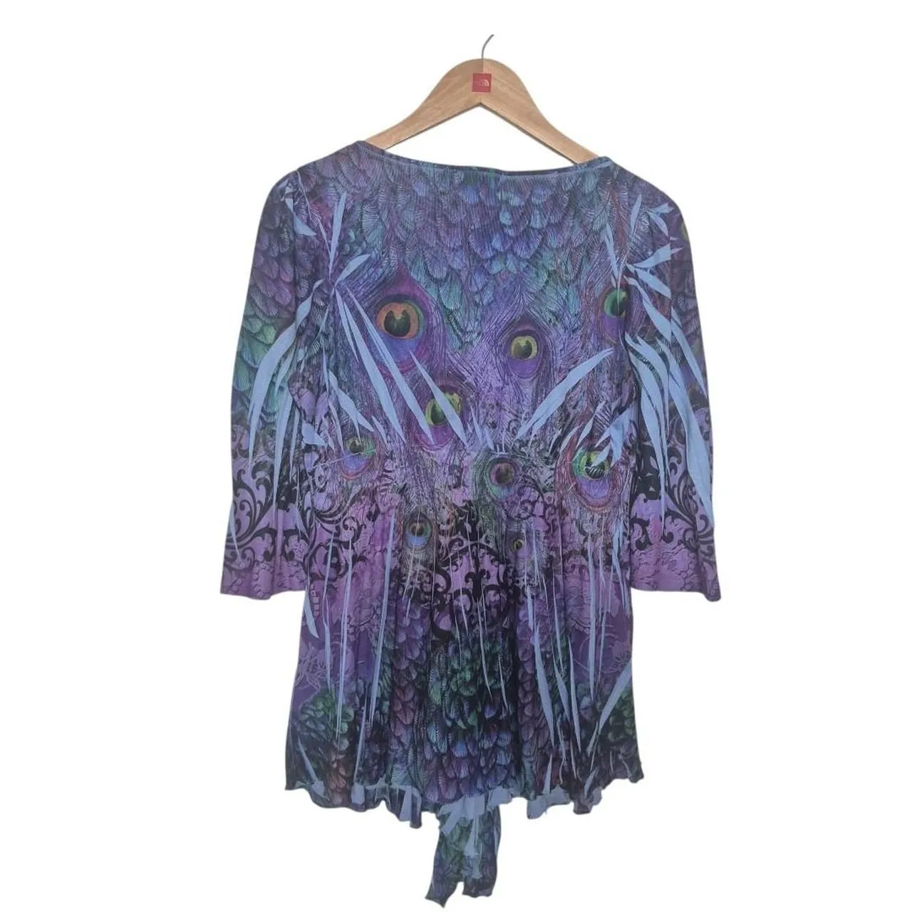 Apt. 9 Blue Purple 3/4 Sleeve V-neck Peacock Feather Top Fairy Size Medium - Image 2