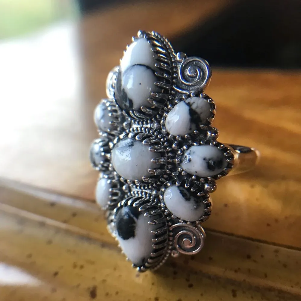 White Buffalo Turquoise Sterling Silver Cocktail Ring Size 9 Black - Image 9