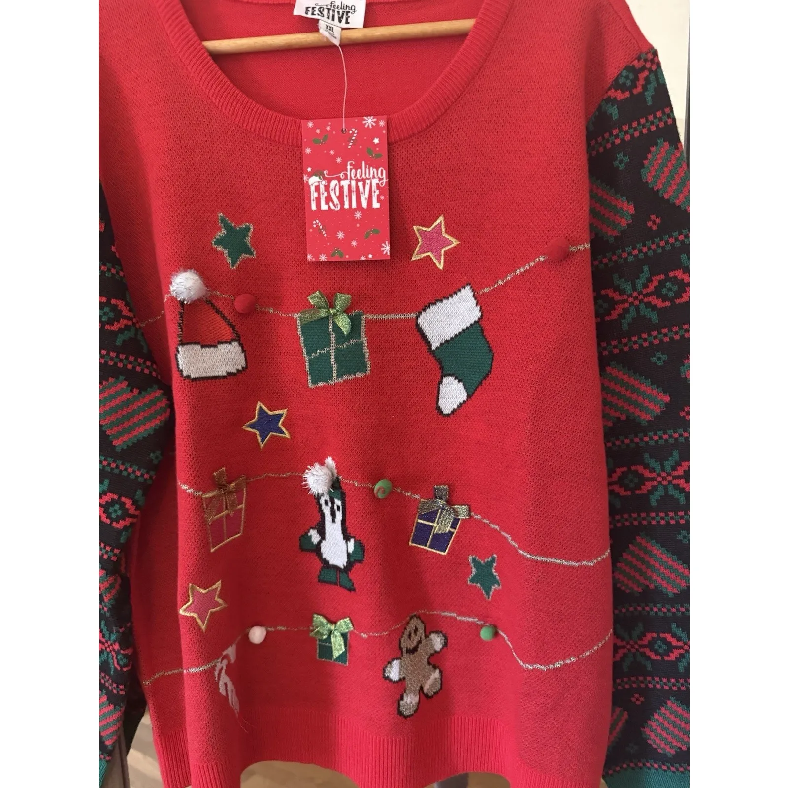 Feeling Festive Ugly Christmas Sweater Holiday Party Red‎ Stockings Hats XXL Red Size 2X - Image 2