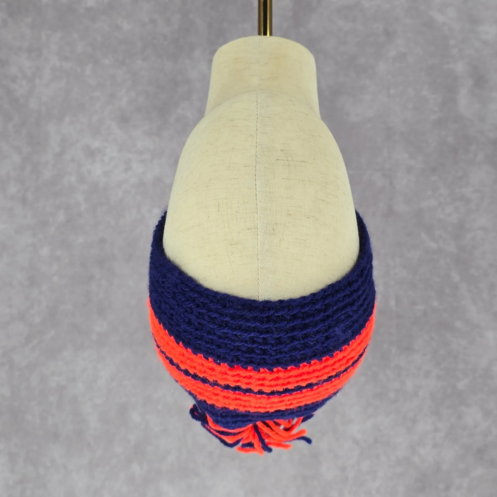 Blue Orange Stripe Pom Pom‎ Crochet Knit Bucket Cap Hat Fun VTG Y2K Funky Beanie - Image 2