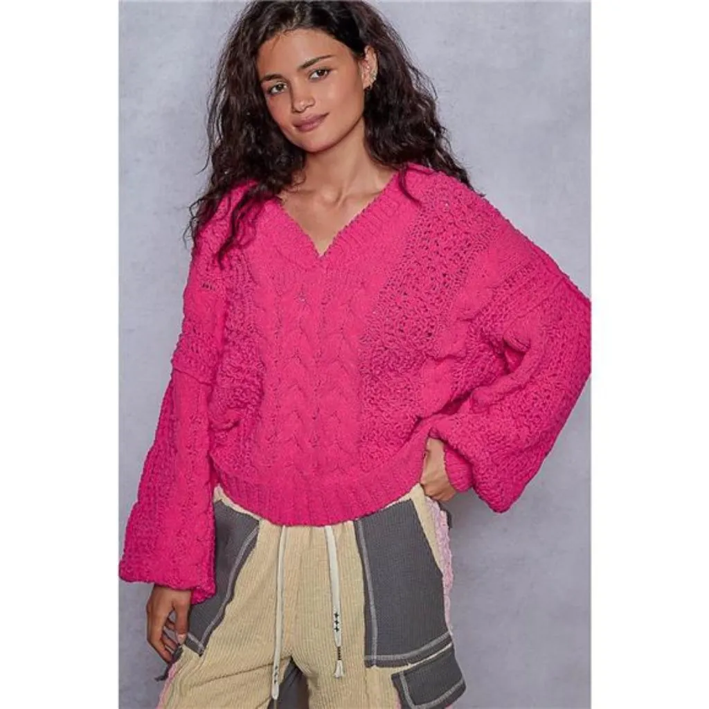 POL Cable-Knit Solid V-Neck‎ Cropped Sweater - Image 10