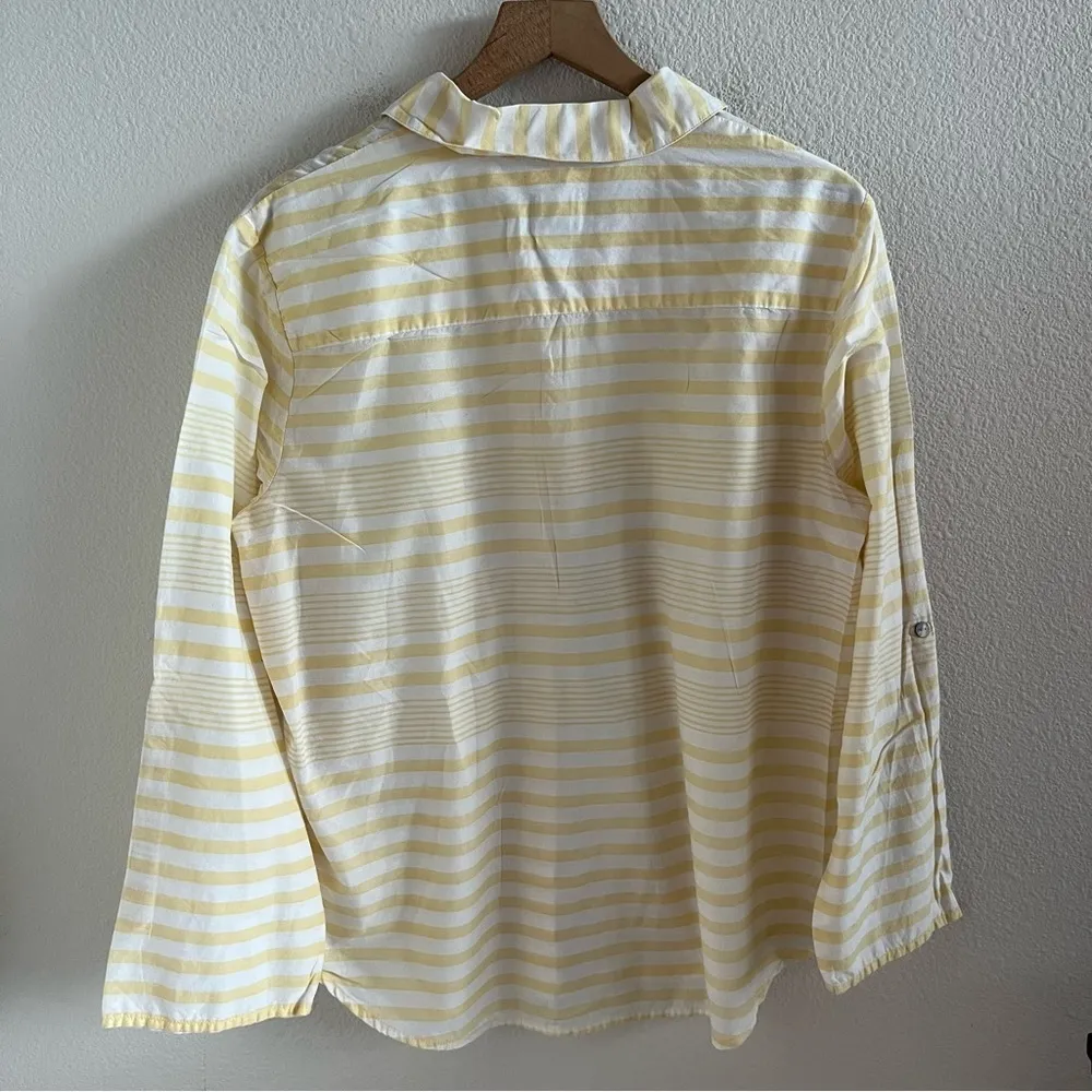 Chico's Yellow White Stripe Button Front Collar Shirt Large (Chico's 2) - Image 7