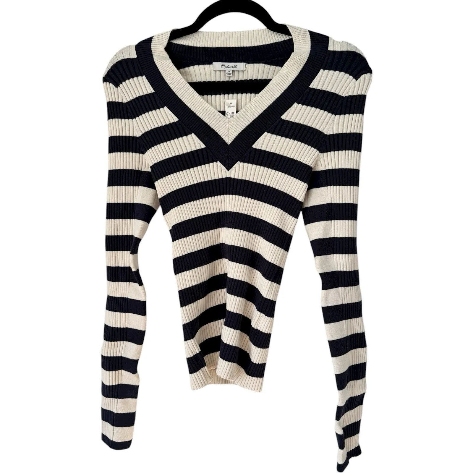 NWT Madewell V Neck Striped Sweater Size Medium Blue White Ribbed Slim Fit - Image 4