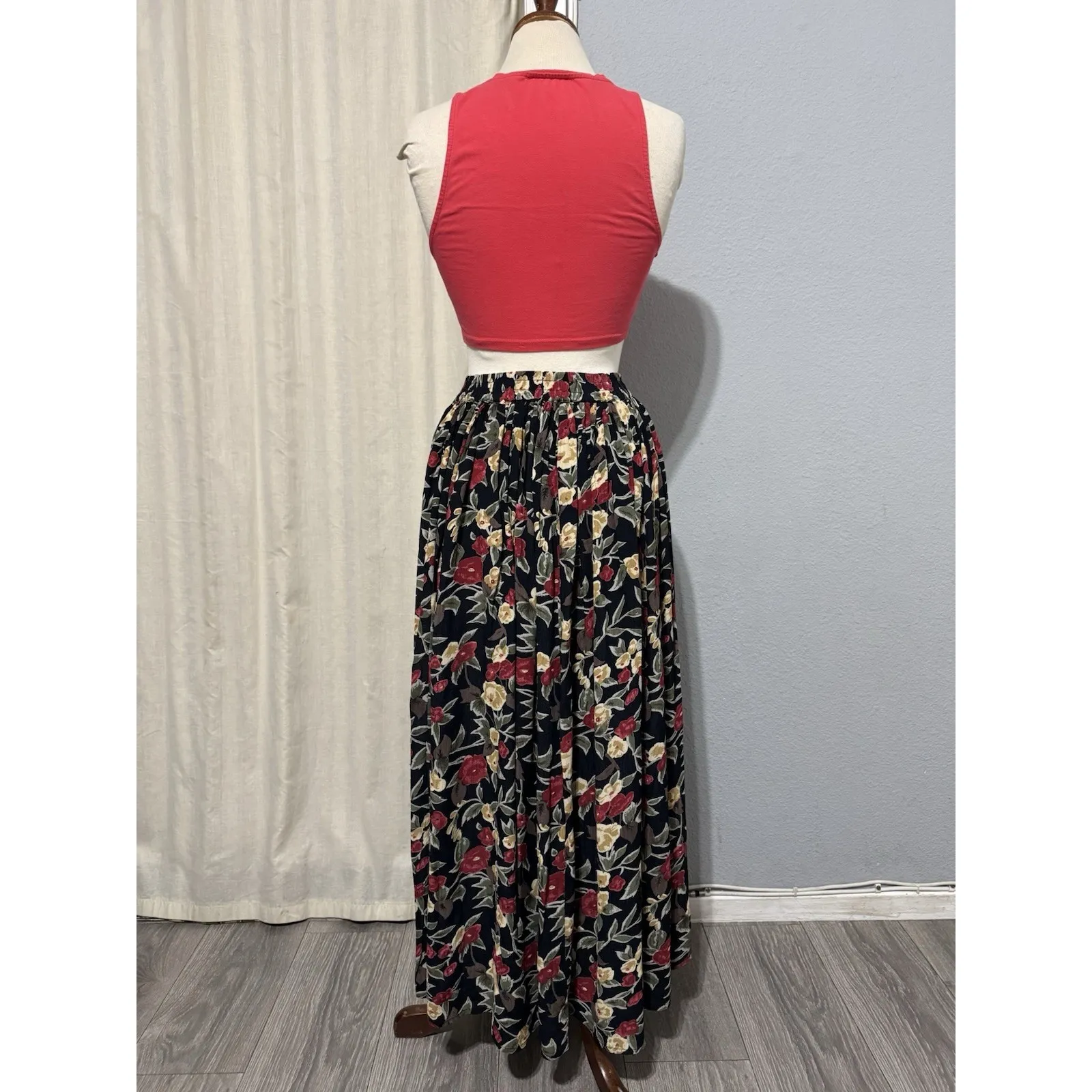 Orvis Floral Maxi Skirt XL Cottage Bohemian Artsy Peasant Granny Crinkle Dark - Image 8