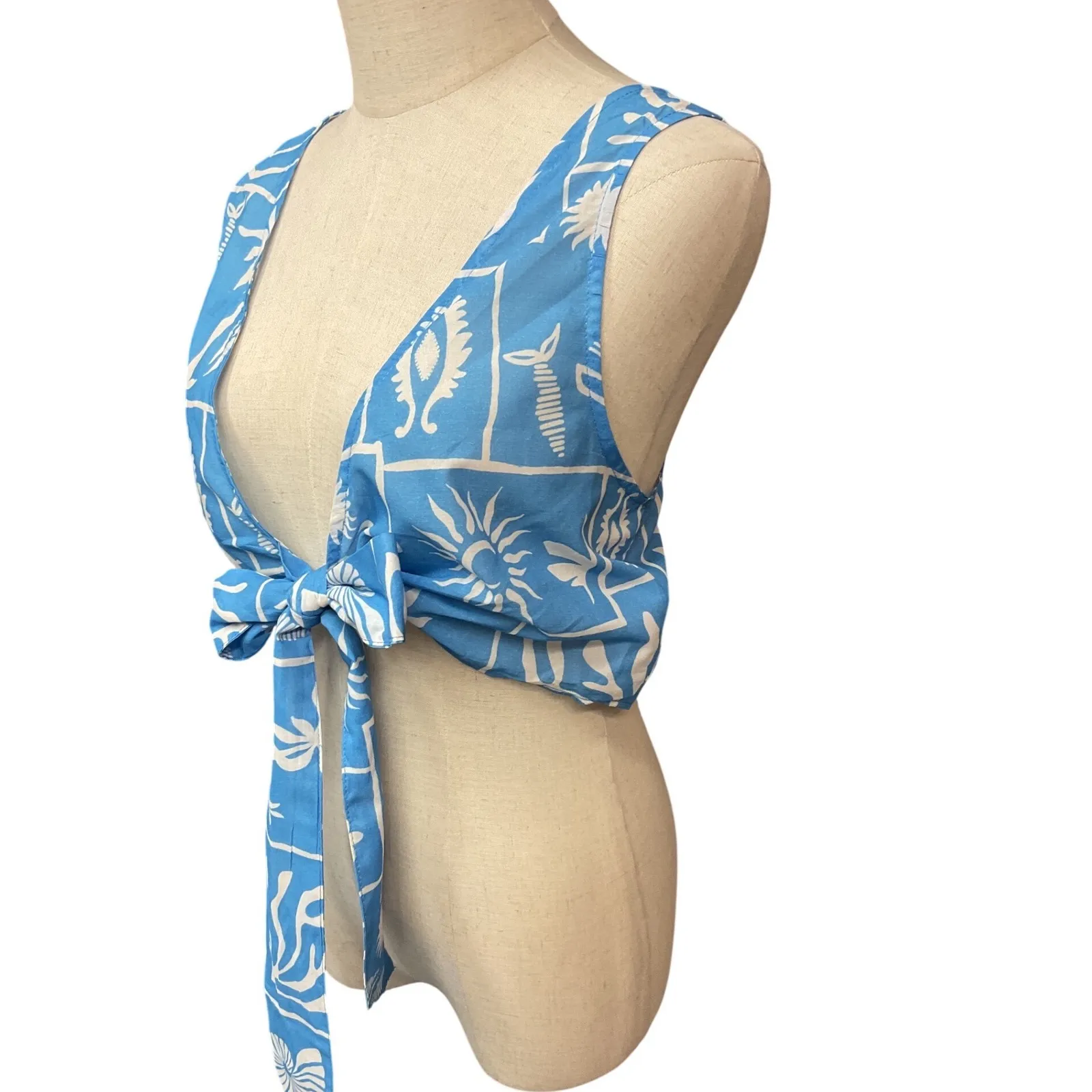 Anthropologie Women's Celandine Printed Tie-Front Crop Top in Blue White OS NWT - Image 3