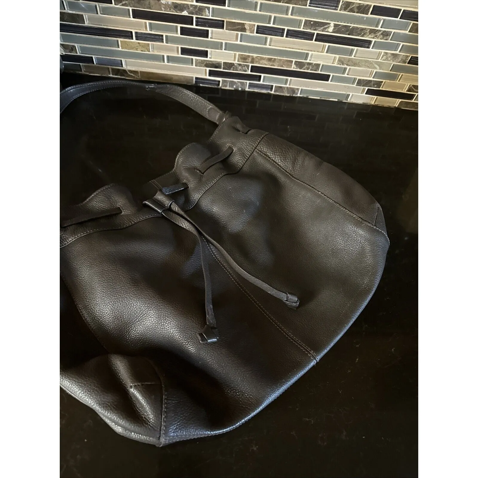 J. Jill Taupe Tan Shoulder Bag Purse Handbag Medium Leather Drawstring - Image 2