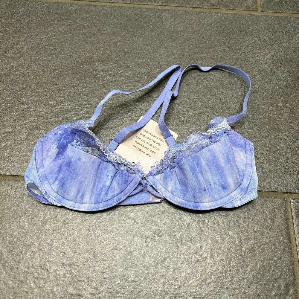 Savage X Fenty Lace Stretch Woven Plunge Half Cup Bra Purple Rain Tie Dye 32C Size undefined - Image 9