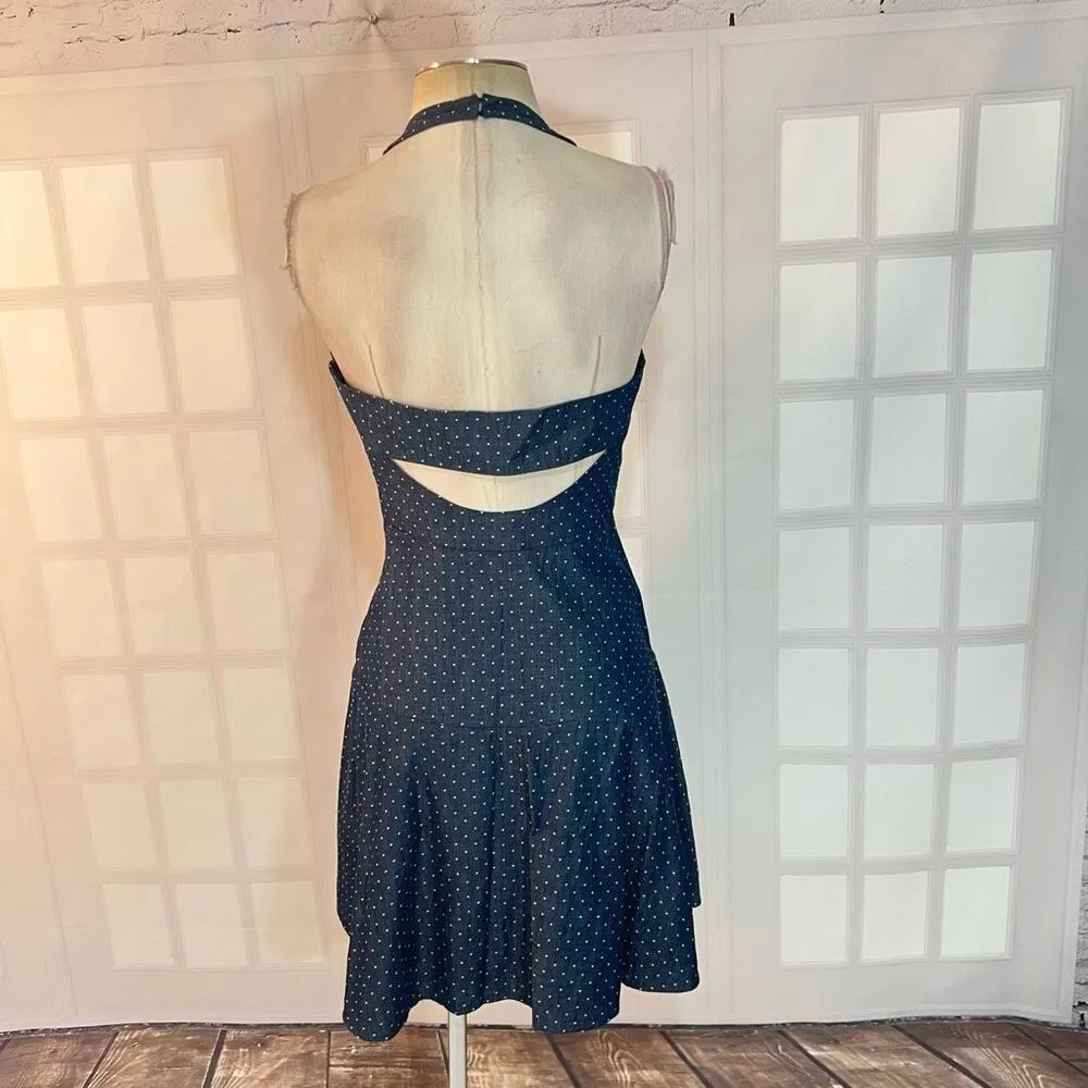 Parker Blue White Polka Dot Sleeveless Halter Denim Chambray Mini Dress Sz Small - Image 5