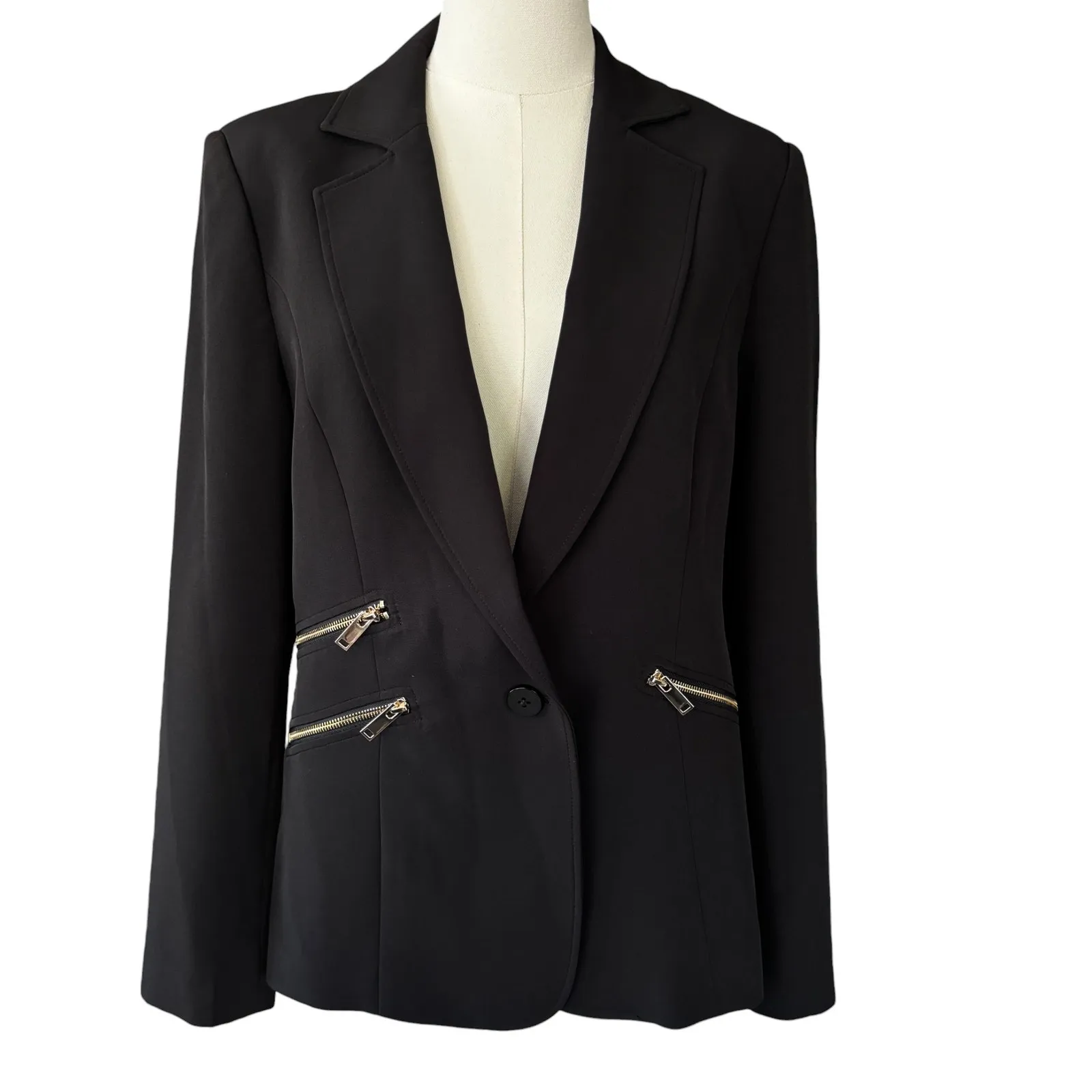 Joseph Ribkoff‎ Classic Black Woven Blazer Gold Zippers Size 10 NWT - Image 5