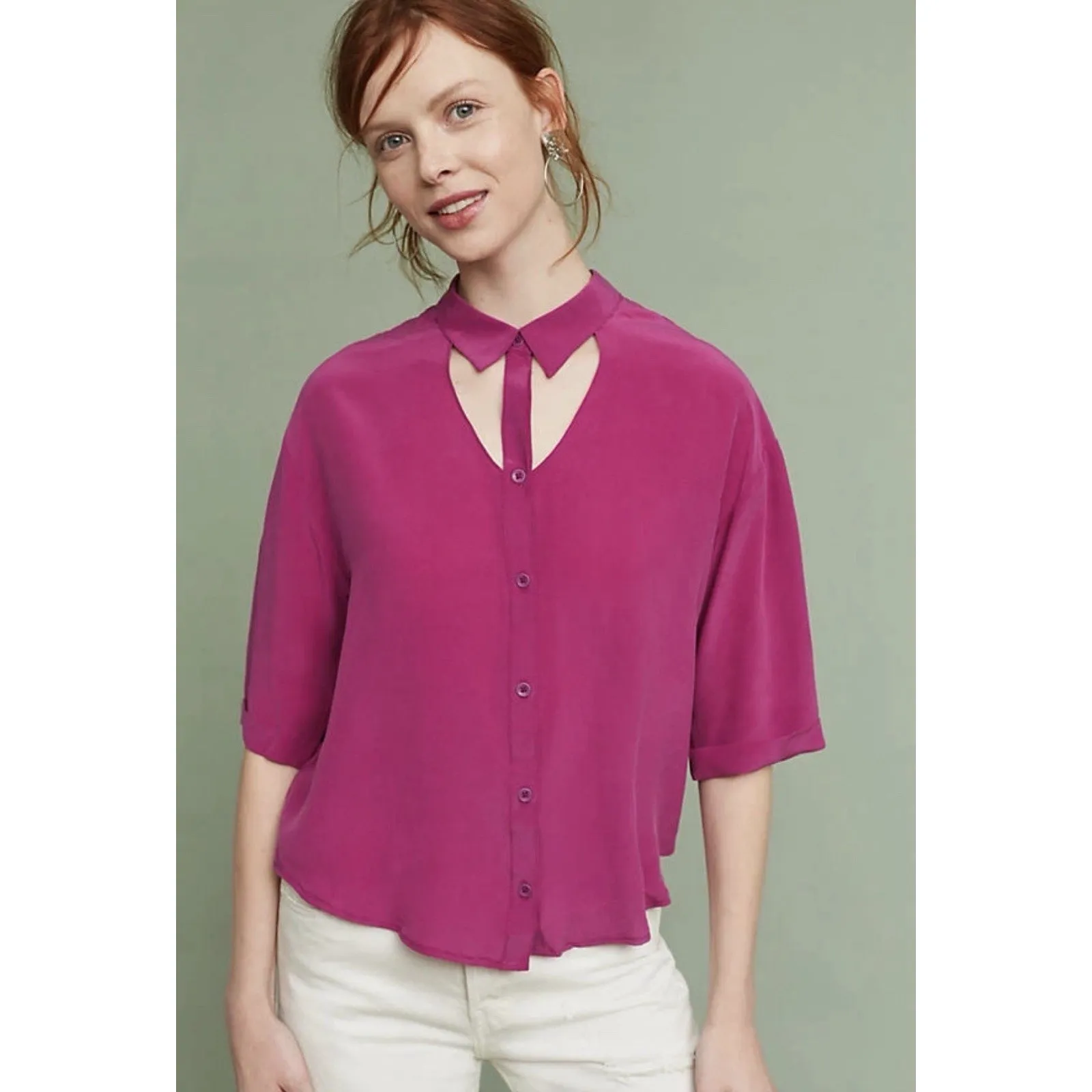 Maeve Anthropologie Silk Blouse Women's Large Magenta Cut Out Long Sleeve Career - Image 10