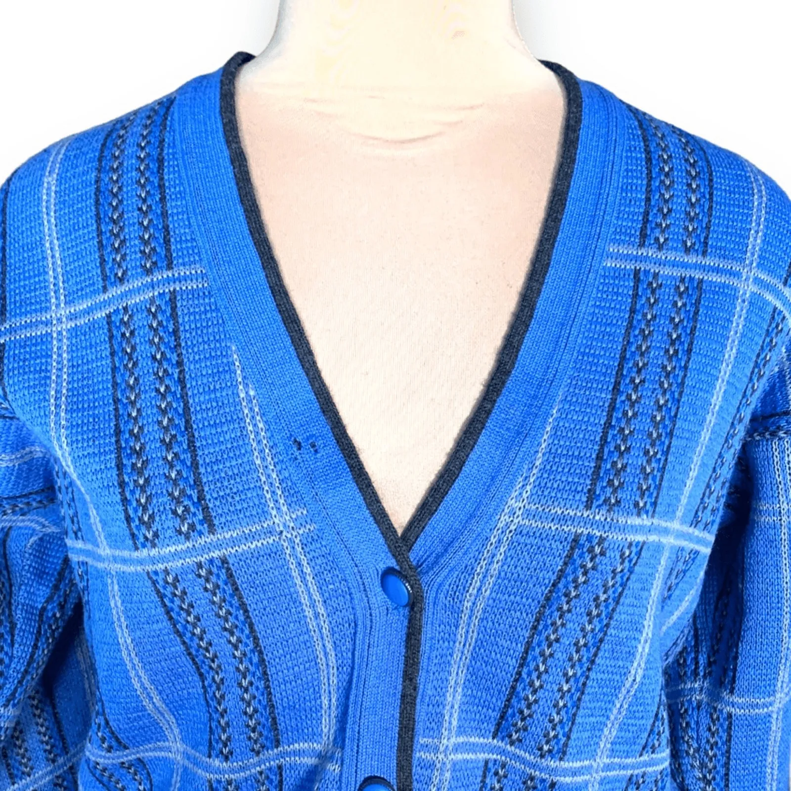 Vintage Pendleton Wool Knit Cardigan Navy Plaid Grandpa Sweater Large Preppy - Image 10
