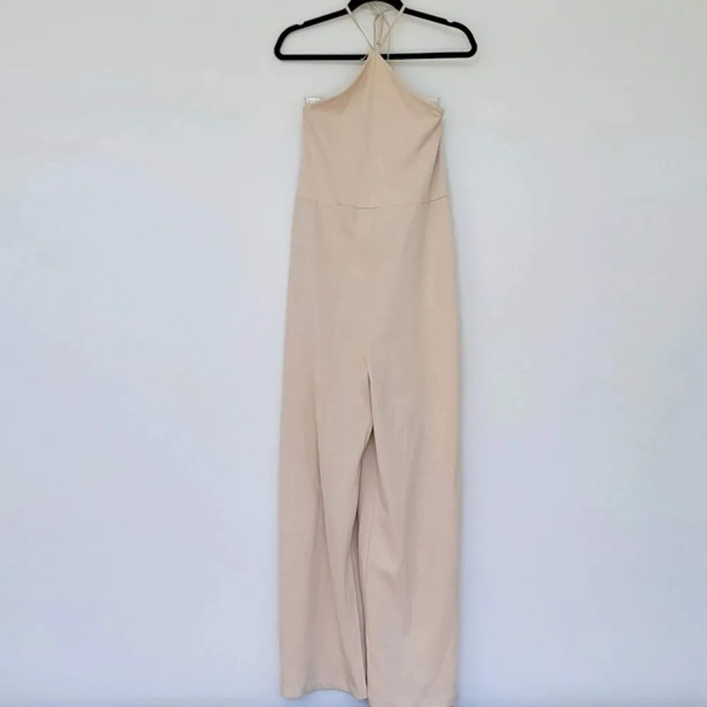 Zara Halter Ruffle Back Wide Leg Jumpsuit Beige Size Small Cotton Stretchy NWOT - Image 5