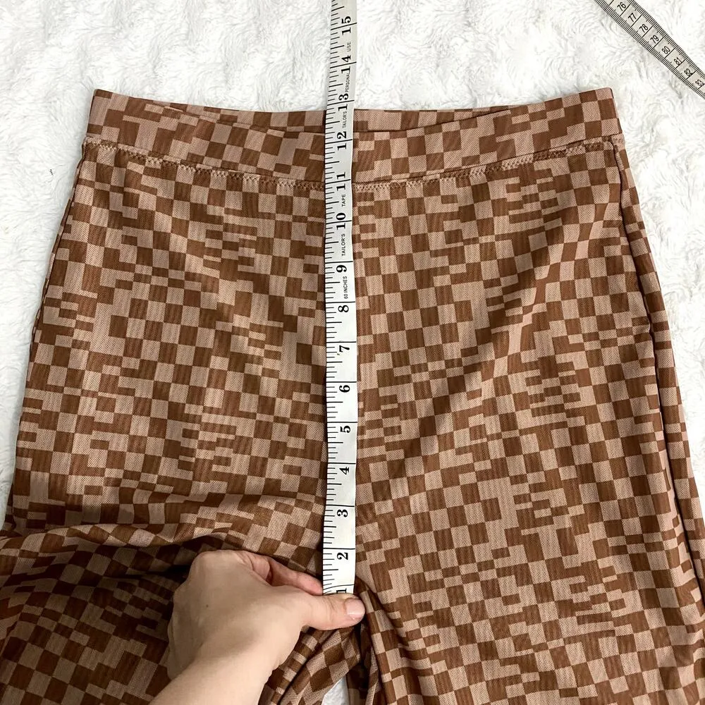 White Fox Boutique Brown Checkered High Rise Mesh Pull On Flare Pants M - Image 7