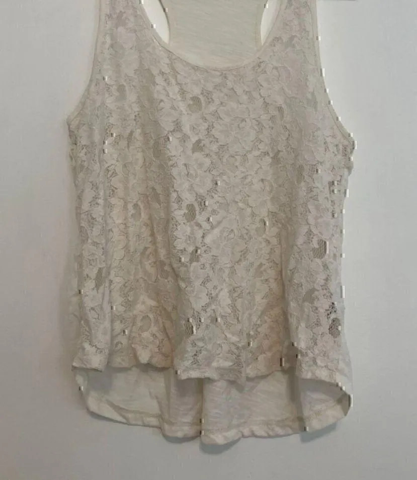 FOREVER 21 White Floral Lace Front / Solid Back Mixed Media Twee Racerback Tank - Image 4