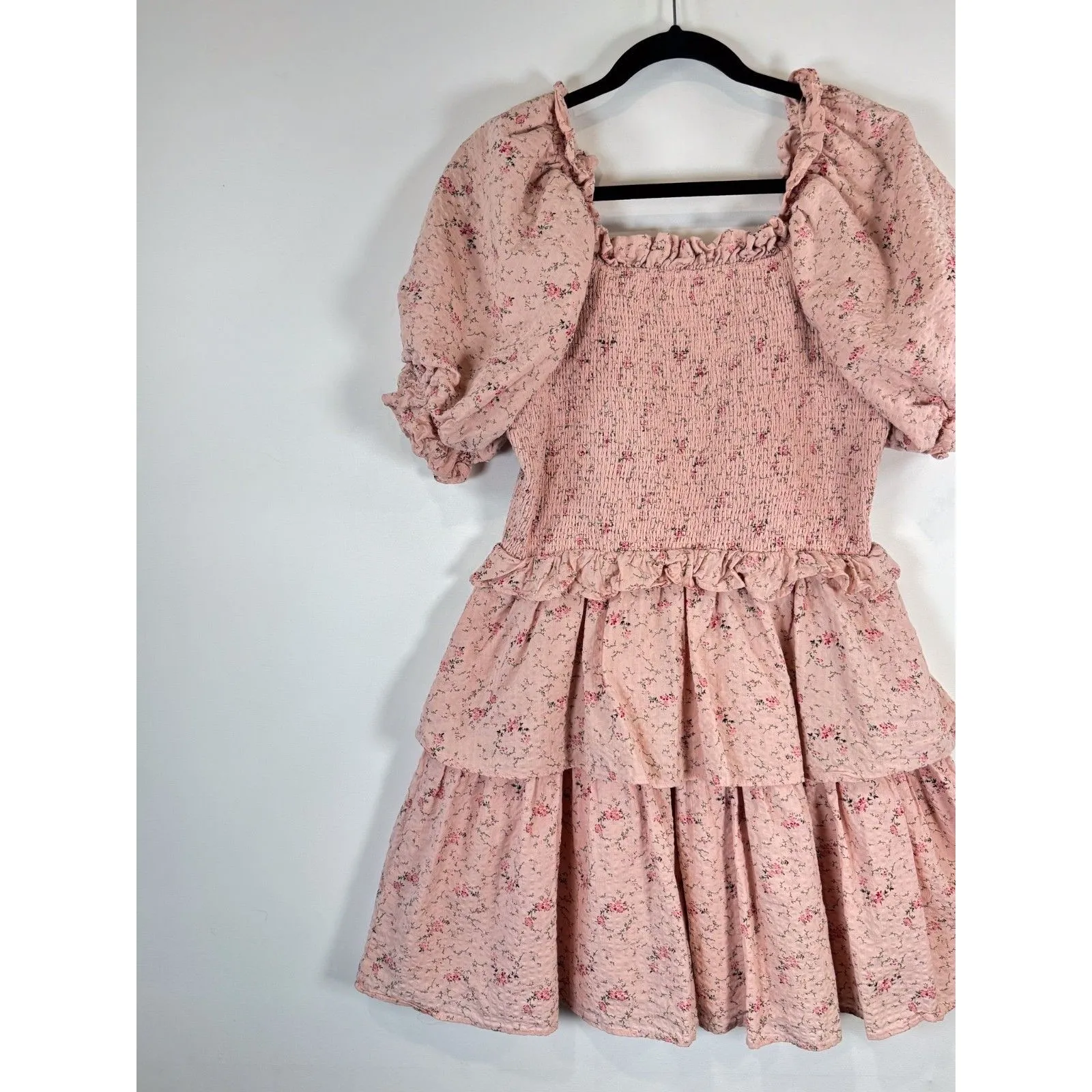 Hyacinth House Womens Dress Beige Mini Floral Smocked Ruffle Puffed A Line Large Pink - Image 8