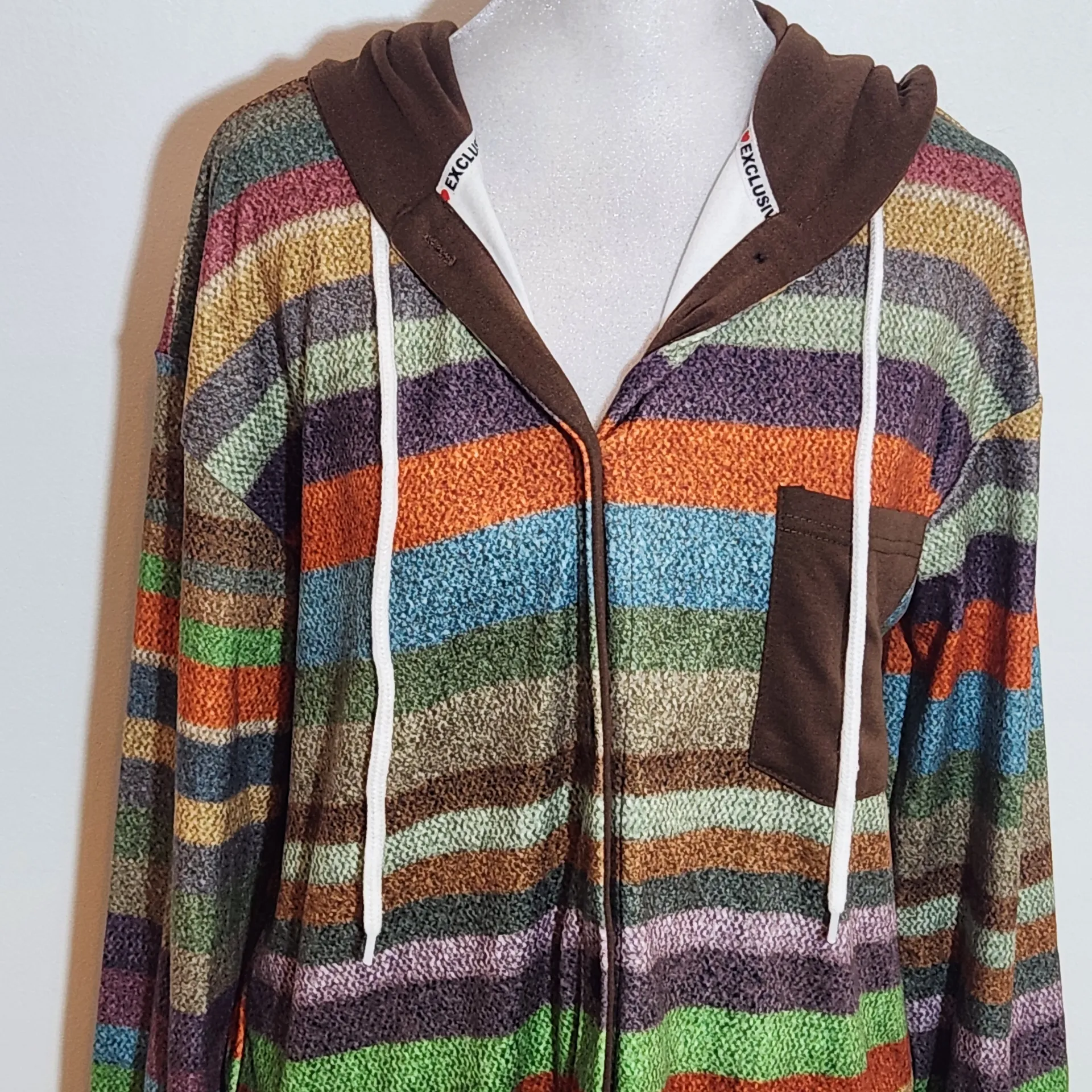 Exclusive Colorful Striped Hoodie NWT Sz Medium Women's Oversized Stripe Shacket Brown - Image 3
