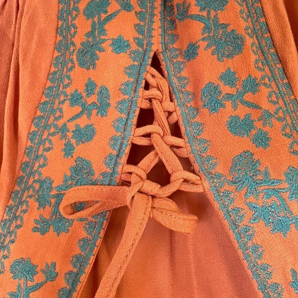 Torrid Coral Embroidered Boho Peplum Top Lace Up Romantic Balloon Sleeve 1X - Image 6