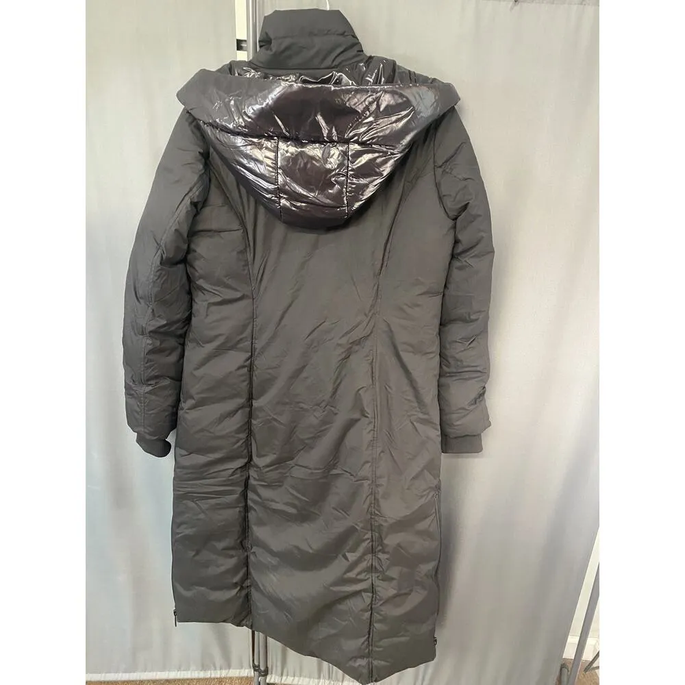 Bernardo Ecoplume Women's Medium Black Polyester Shiny Hood Puffer Coat with Bib - Image 9