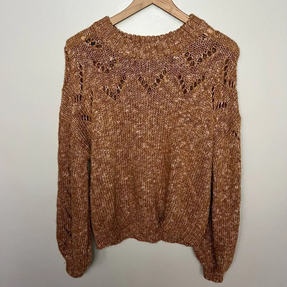 Madewell Pointelle Bubble-Sleeve Pullover Sweater Rust Brown Terra Cotta Medium - Image 4