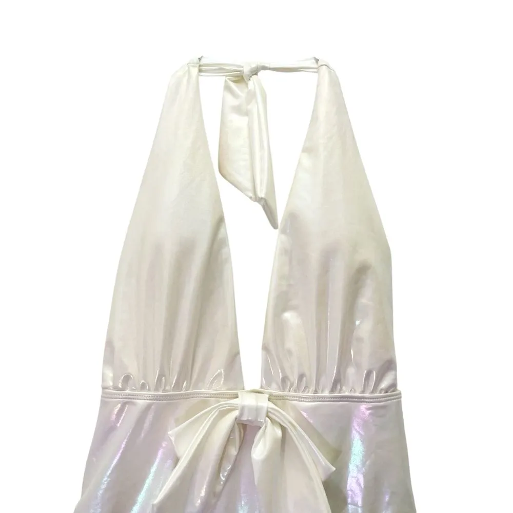 NWT Beach Joy White Metallic Plunge One Piece Swimsuit Size Medium Bridal Bow - Image 4