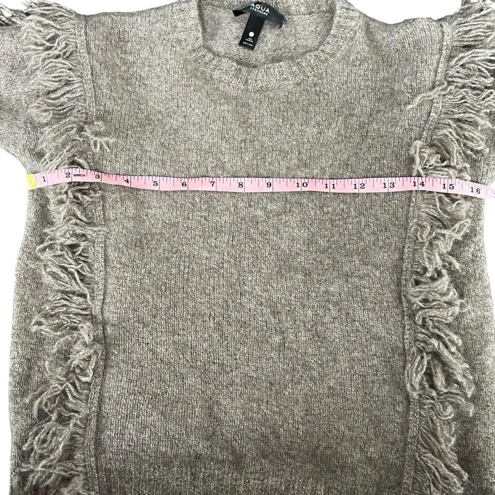 AQUA 100% 2-Ply Cashmere Fringe Crew Neck Sweater Size XS Taupe - Image 7