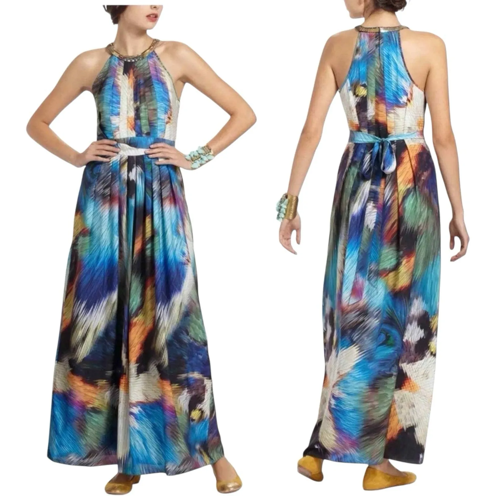 Anthropologie RANNA GILL TROPICALIA Blue Wedding Guest Gold Beaded Maxi DRESS‎ 2 - Image 2