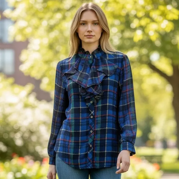 NWT Blue Red Tartan Plaid Ruffle Jabot Blouse  Bow Neck Ruffle Top Blouse - Image 2
