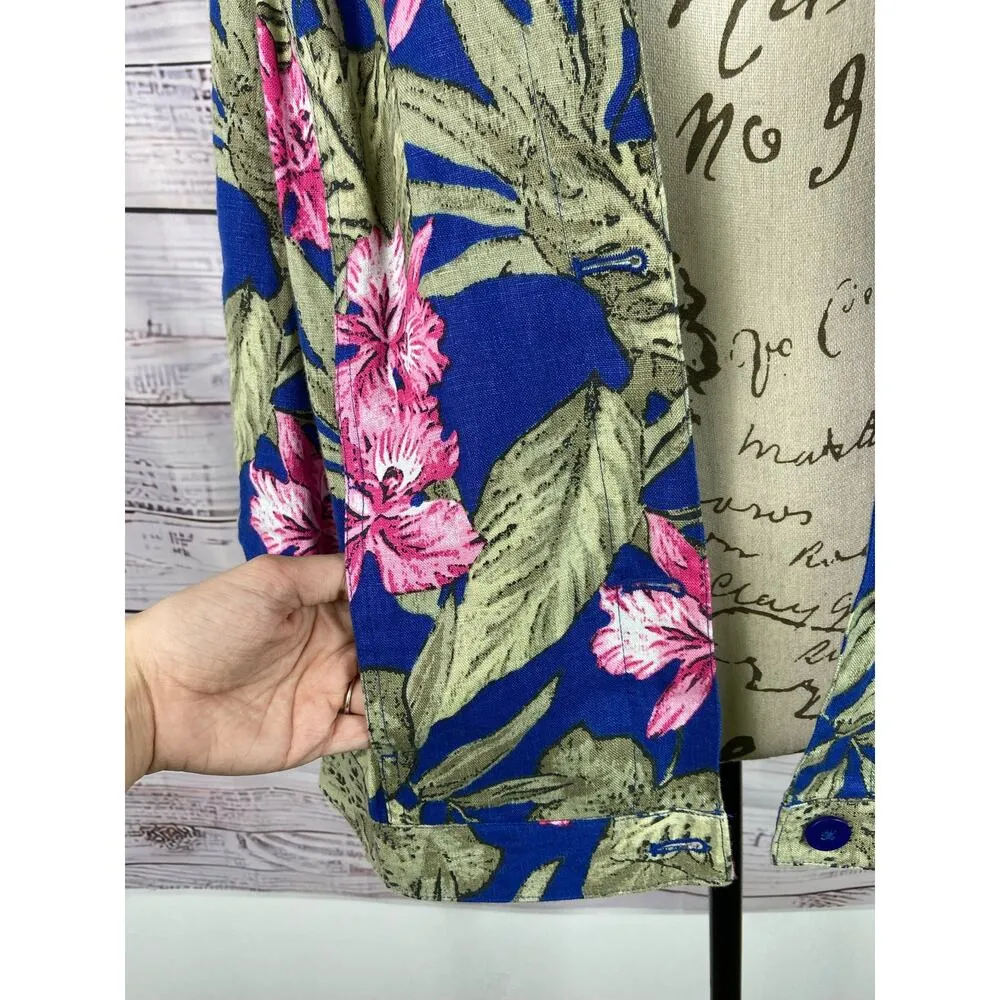 Chicos 1 Tahiti Tropis Linen Jacket Women M Button Front Side Pocket Long Sleeve - Image 6