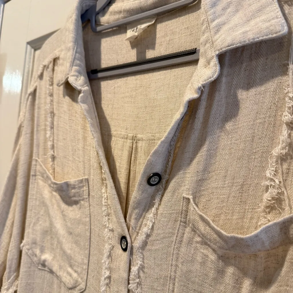 143 Story By Line Up Long Sleeve Cream Button Up Shirt Linen Blend Fringe Medium Tan - Image 3