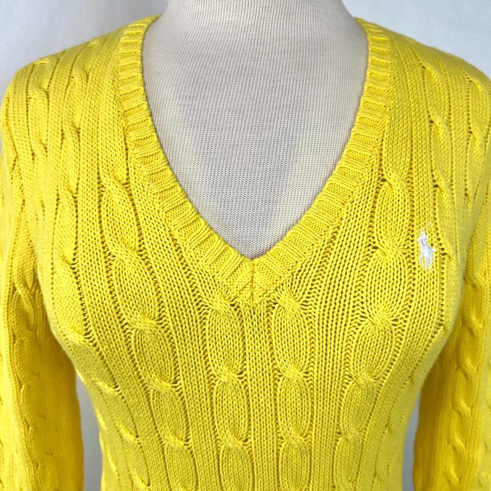 POLO RALPH LAUREN Yellow Cable Knit V Neck Sweater 100% Cotton Women's S Preppy - Image 2