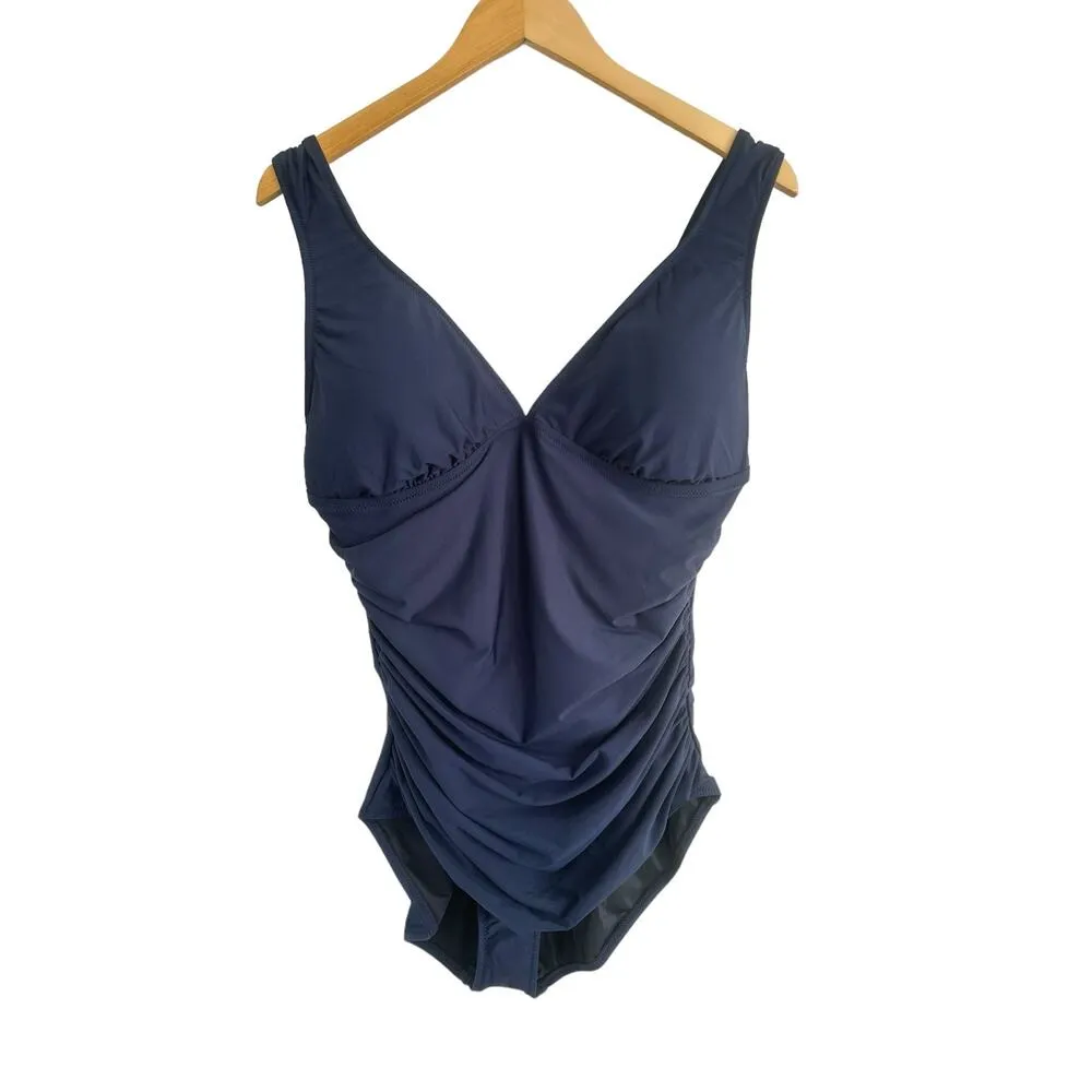 J Crew Ruched V Neck Navy Blue Full Low Cut Leg UPF 50 One Piece Swim Size 16 - Image 5
