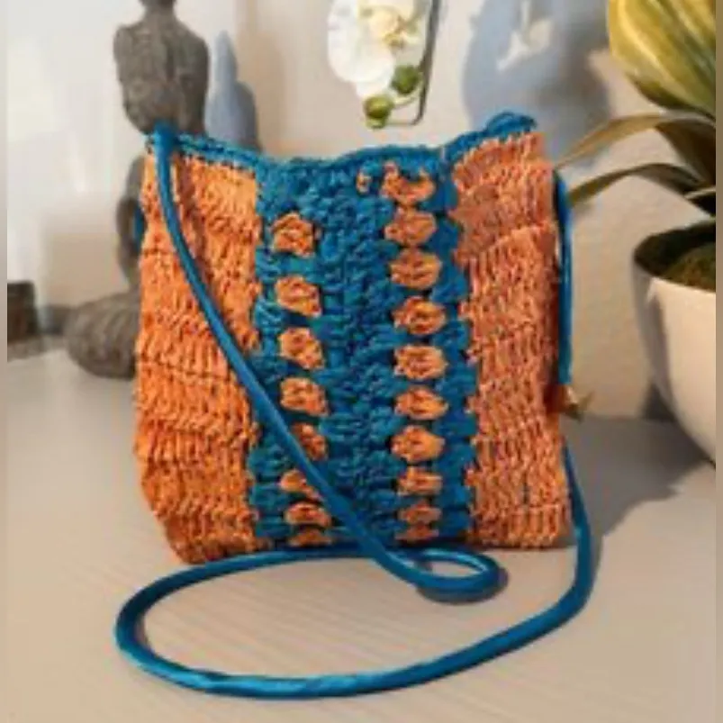 Free People Heatwave Crossbody Cinch Bag Woven Straw Turquoise Combo - Image 5
