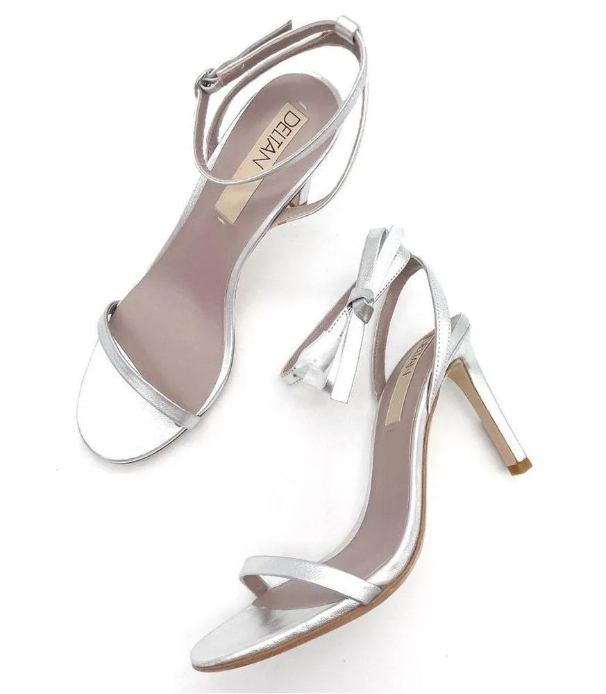 Deltan Miranda Leather Ankle Bow Strappy Dress Sandals Metallic Silver Size 9.5 - Image 3