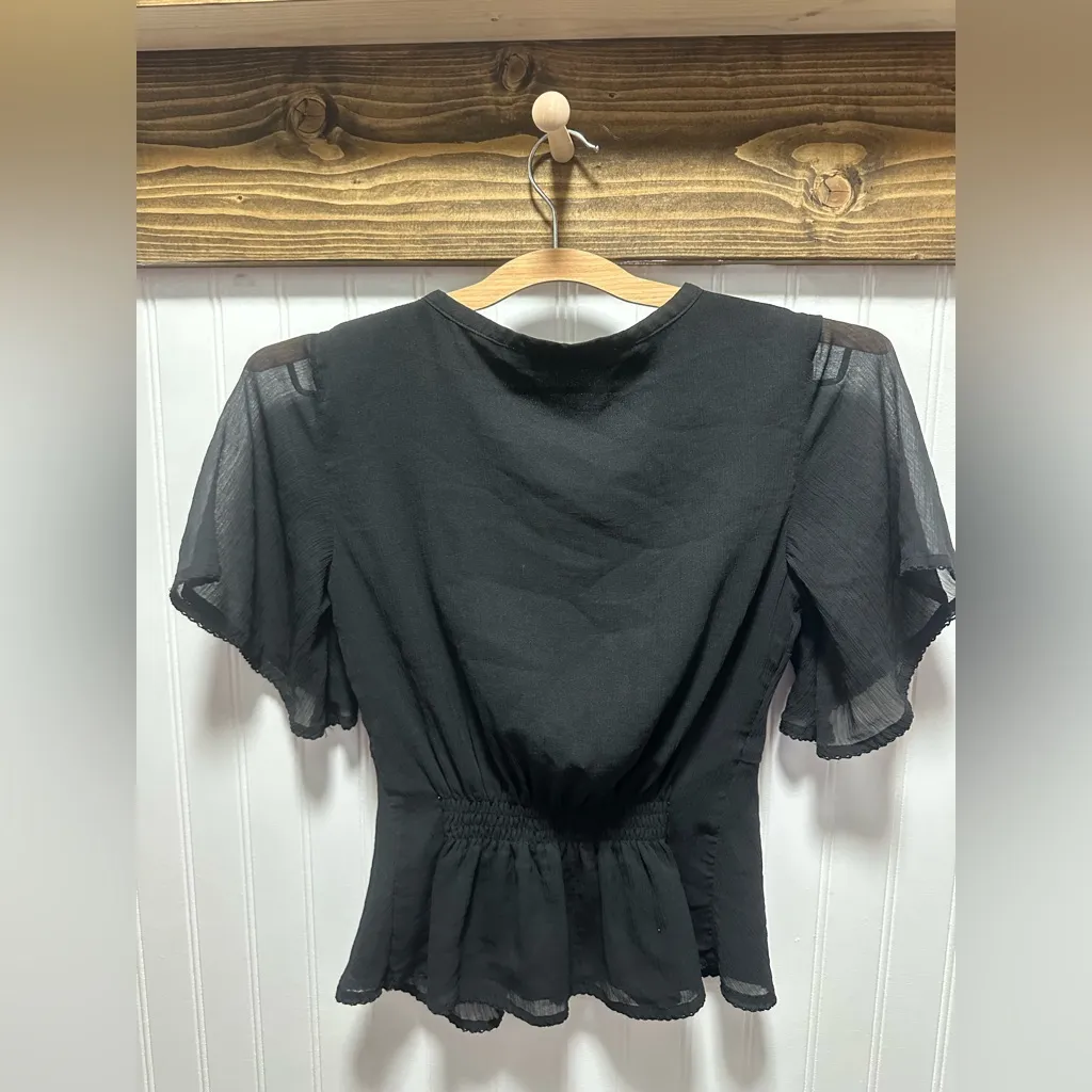 Abercrombie & Fitch short sleeved faux tie Black Sheer Top XS Basic Goth Grunge - Image 2