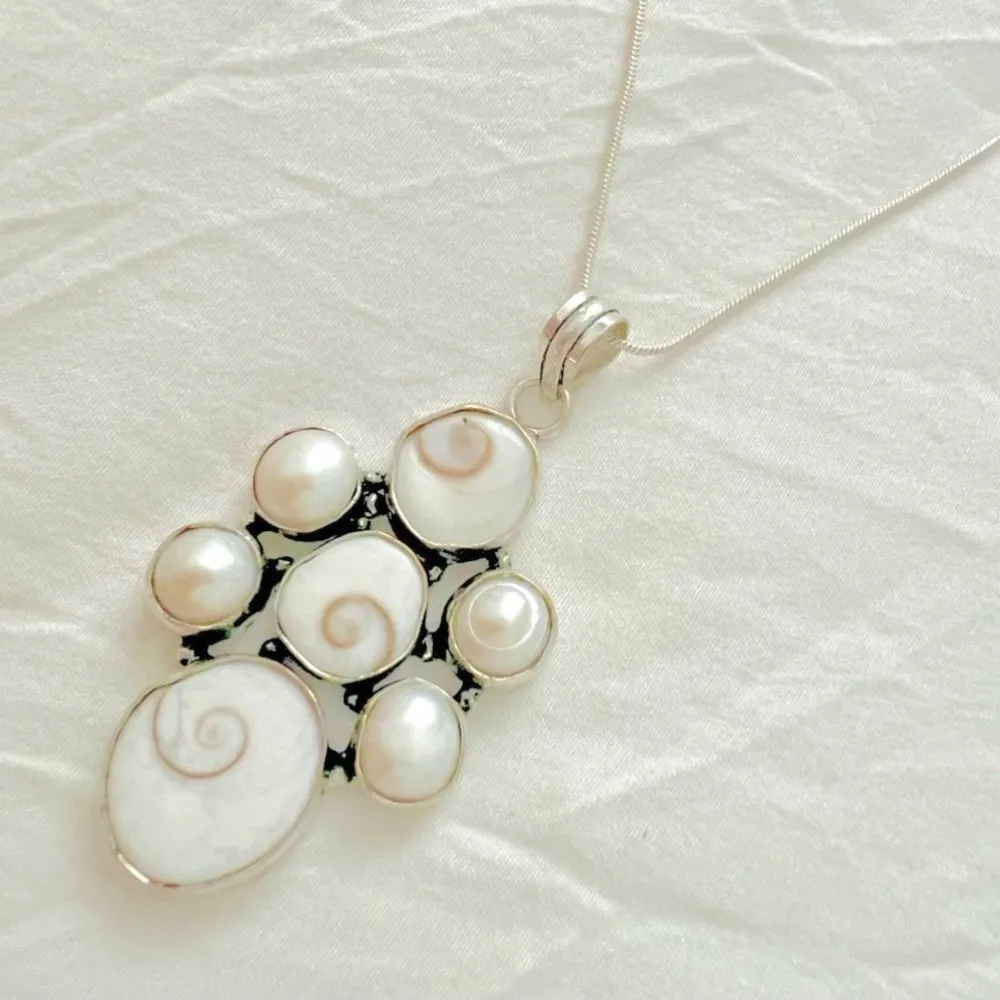 925 Sterling Silver Shiva Eye Shell & Pearl Necklace womens Jewelry - Image 2