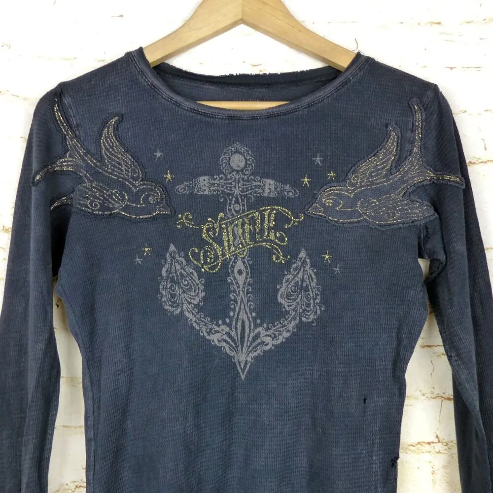 VTG Sinful Affliction Thermal Waffle Top Women M Black Destroyed Bird Tattoo Y2K Size M - Image 3