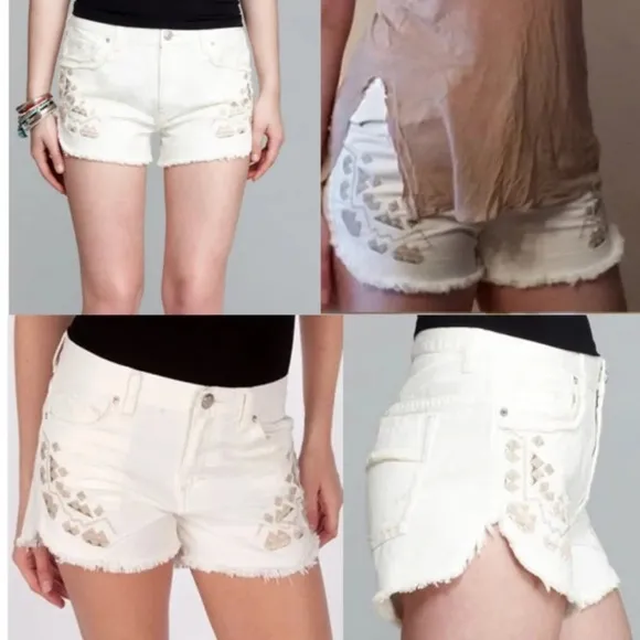 Free People Denim Tulum Embroidered White Shorts size 26 - Image 2