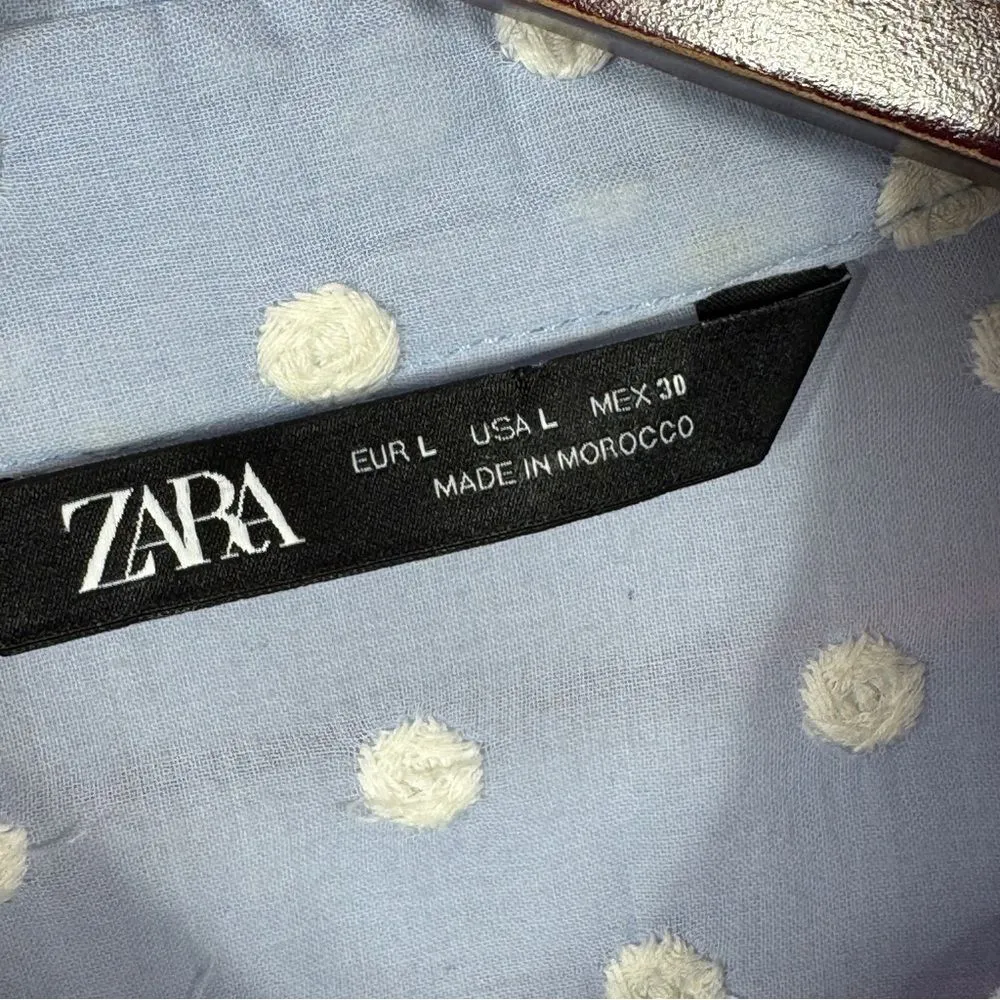 ZARA  Gauze‎ Embroidered Polka Dot Button Up Shirt Blue White Large - Image 9