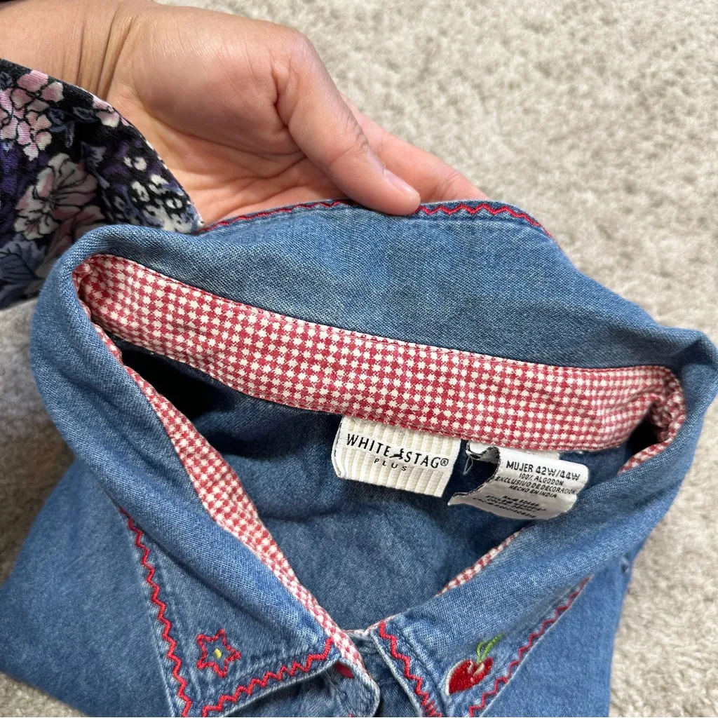 White Stag Vintage Denim Button Down Shirt Cherry School Embroidered 22W/24W - Image 14