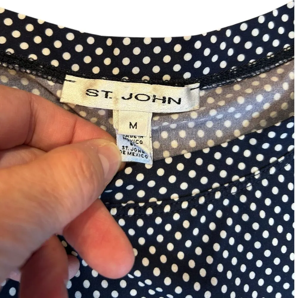 ST. JOHN Navy Blue Polka Dot Short Sleeve Stretch Women's Top T Shirt MEDIUM - Image 3
