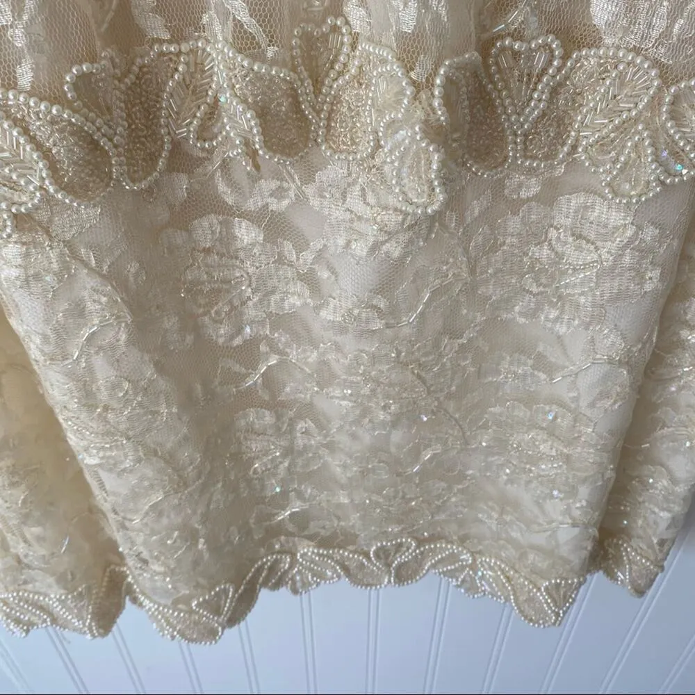 Brilliante By J.A. Vintage Pearl sequin Ivory Cream Lace Party Dress Large - Image 3