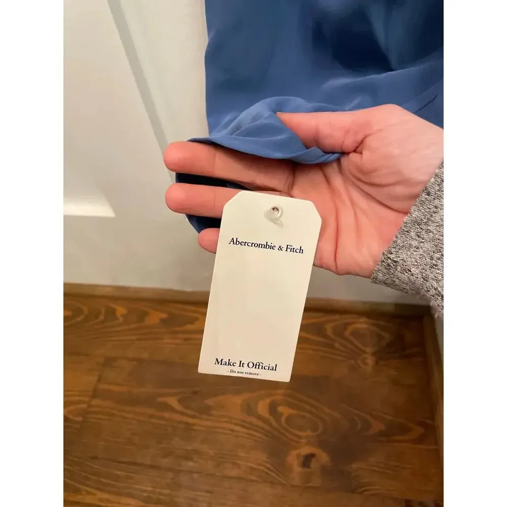 NWT Abercrombie & Fitch Asymmetrical Cowl Neck Cinched Midi Dress in Blue, L - Image 8