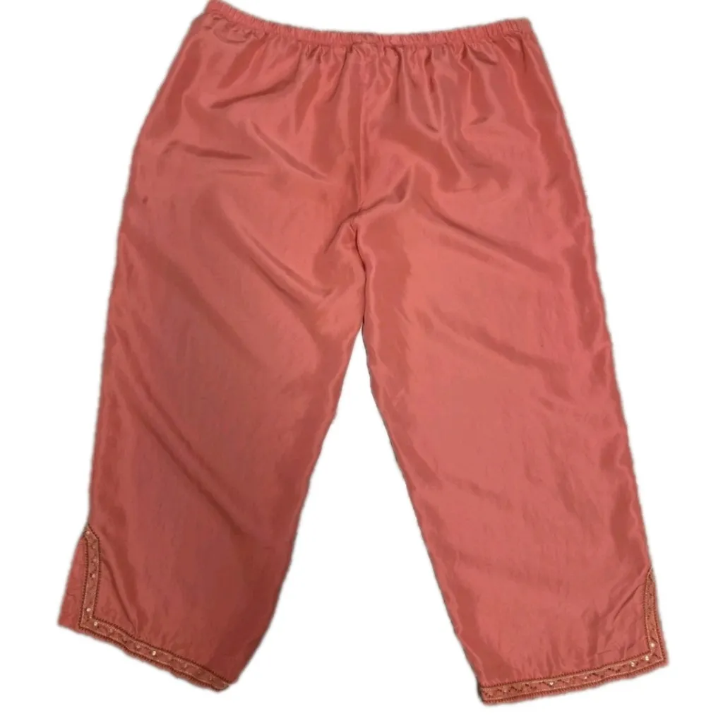 Cabaret Women 100% Silk Pant Lounge Capri Size Xlarge Orange Peach Embroidered - Image 2