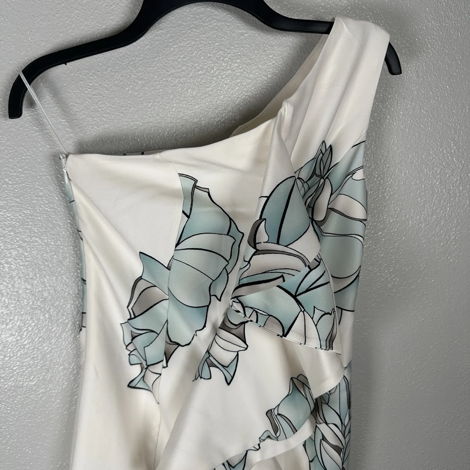 NEW Fehaute Womens Size 2 White Aqua Floral One Shoulder Ruffle Mini Dress - Image 2