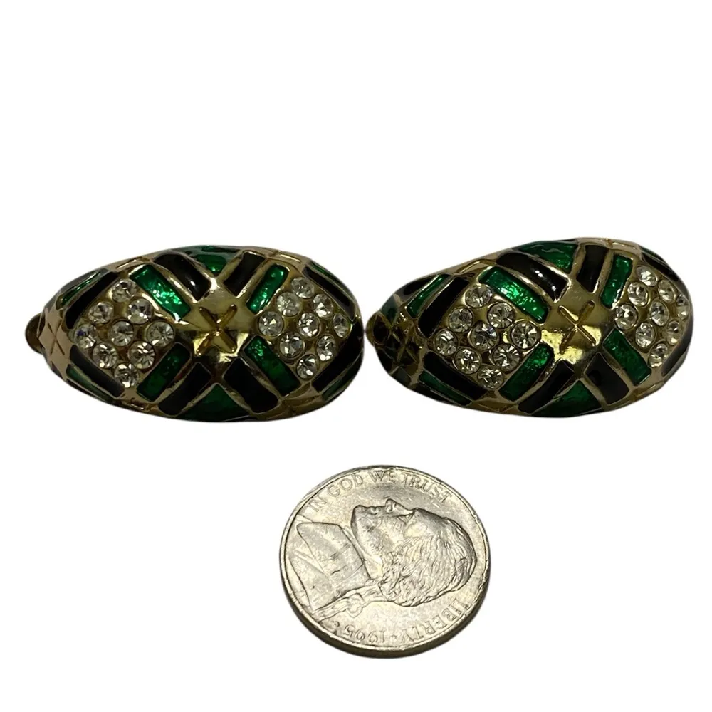 Vintage Emerald Green Enameled Crystal Clear Rhinestones Clip On Earrings - Image 4