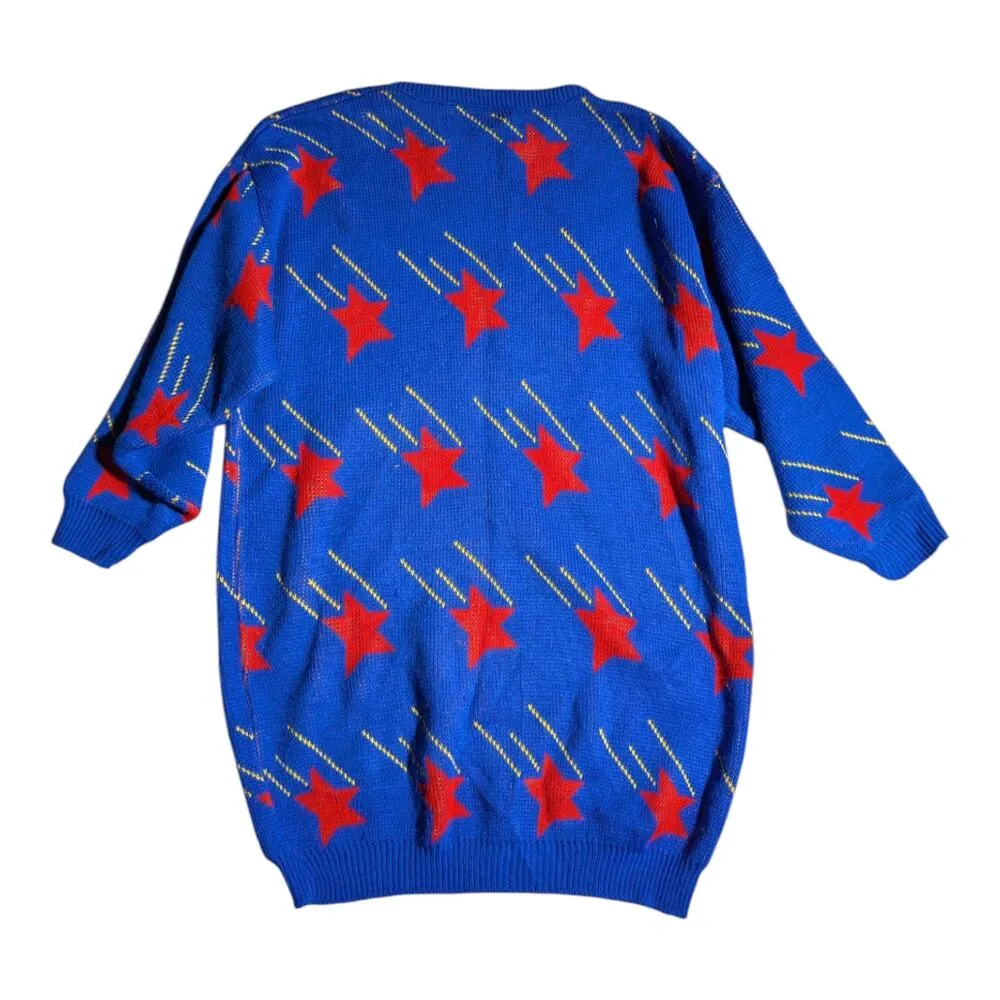 Vtg 1980s Body Maven Blue Red Shooting Star Knit Longline Tunic Sweater OS L Size L - Image 2