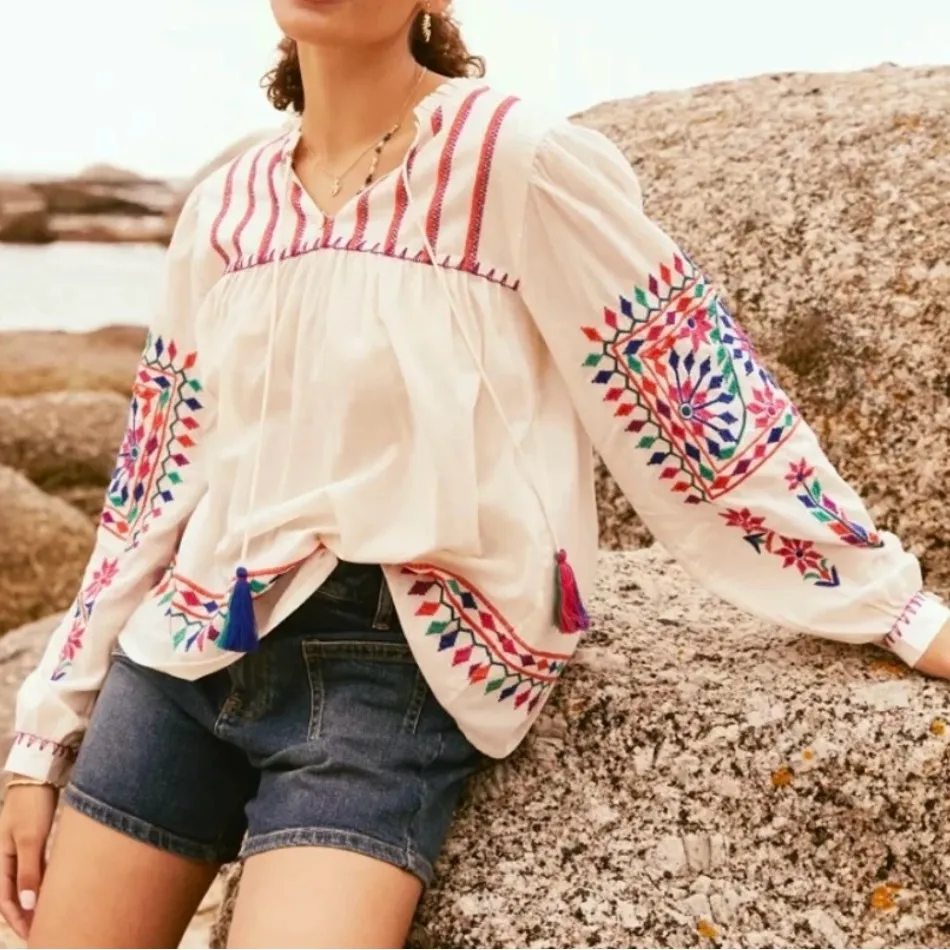 Fat Face Ida Floral Embroidered Boho Cottage Coastal Long Sleeve Blouse 4 White - Image 2